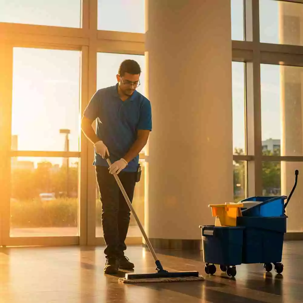 Dedicated cleaning team providing reliable janitorial services in a Manatee County commercial facility