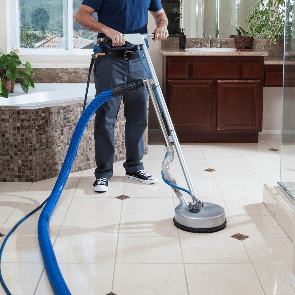 Professional tile and grout cleaning in action, restoring the natural beauty of a Tampa Bay home's flooring